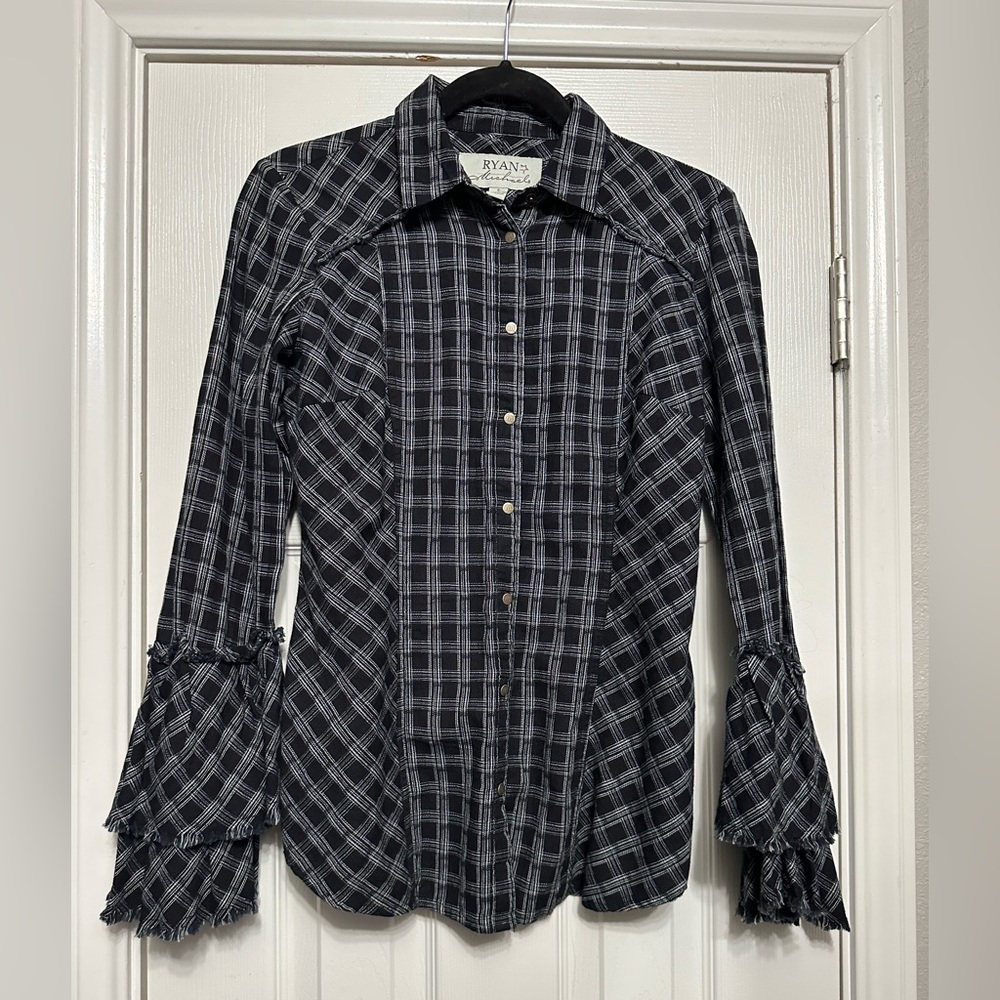 Crow & White Plaid Tier Bell-Sleeve Button-Up - Picture 3 of 11